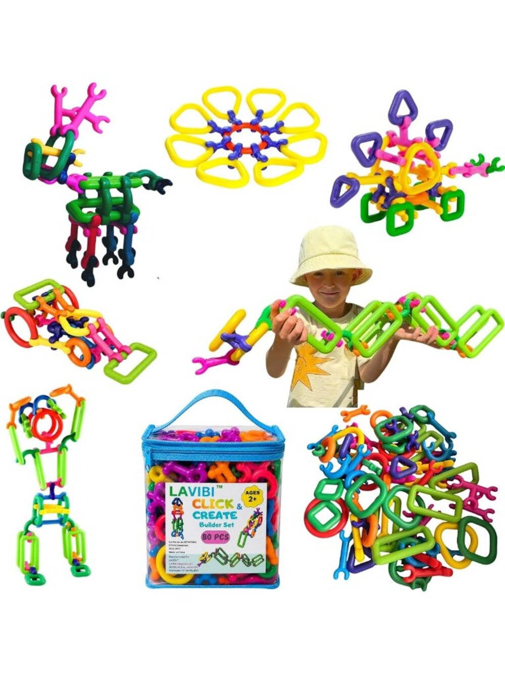 STEM Building Blocks Set (80 pcs) - Creative Interlocking Toy for Kids 2-7, Fine